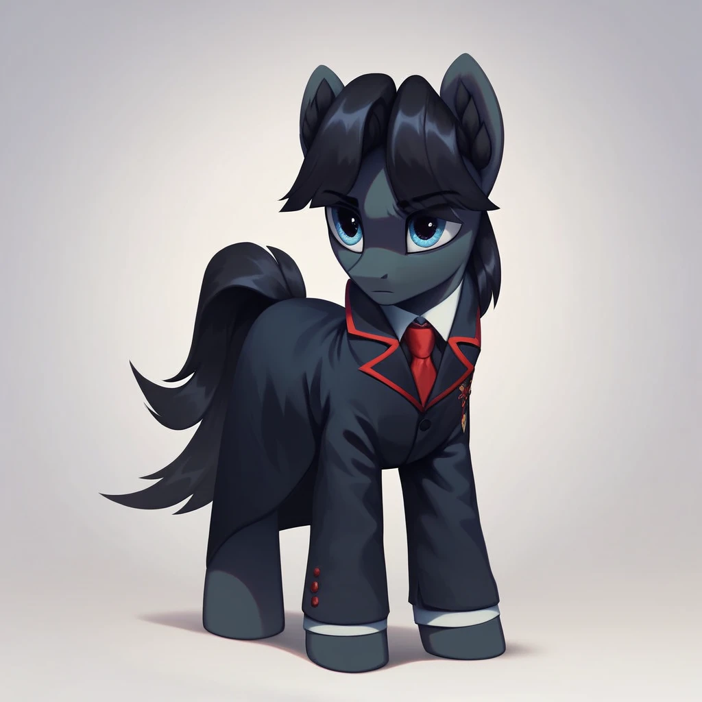 masterpiece, score_9_up, score_8_up, score_7_up, score_6_up, (best quality:1.1), ultra-detailed, high resolution, solo, Sinister Serov, pony, mlp, feral, thin eyebrows, blue eyes, stallion, male, pony ears, black ear fluff, black skin, black mane, curtain bangs, tail, full body, full dressed, black suit, red tie, detailed facial features, standing, full body, expressiveh, simple background, highly visible, sharp focus, anatomically correct