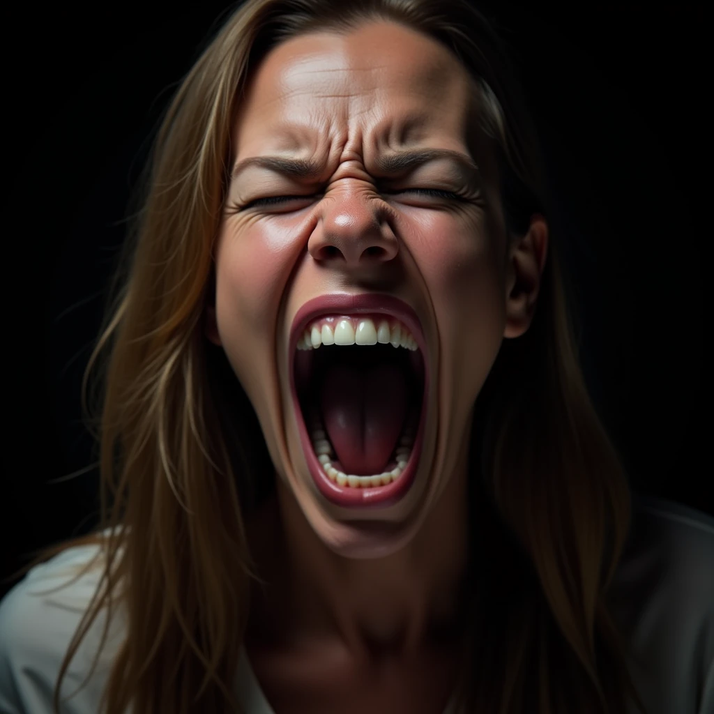Hyperrealistic art of <lora:facial expression style v1:1>
angry facial expression of a angry shouting woman with her mouth open and her mouth wide open, themed, sharp, detailed skin, epic cinematic photography, artistic, creative, wrinkly face, dramatic lighting style, cinematic color style, Kodak film style, skin pore, emotional style, gustier style, facial expression style, angry facial style, solo, long hair, open mouth, brown hair, 1boy, closed eyes, male focus, teeth, realistic, screaming, 1girl, blonde hair, lips, black background, portrait, photorealistic, cinematic lighting styl, simple background
, Extremely high-resolution details, photographic, realism pushed to extreme, fine texture, incredibly lifelike