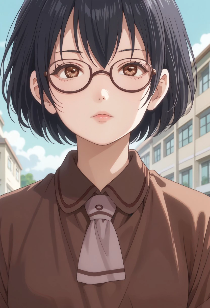 score_9, score_8_up, score_7_up, source_anime, rating_safe, KasumiAA, black_Kasumi_glasses, black_Kasumi_short hair, brown_Kasumi_eyes, 1girl, female focus, anime screencap,