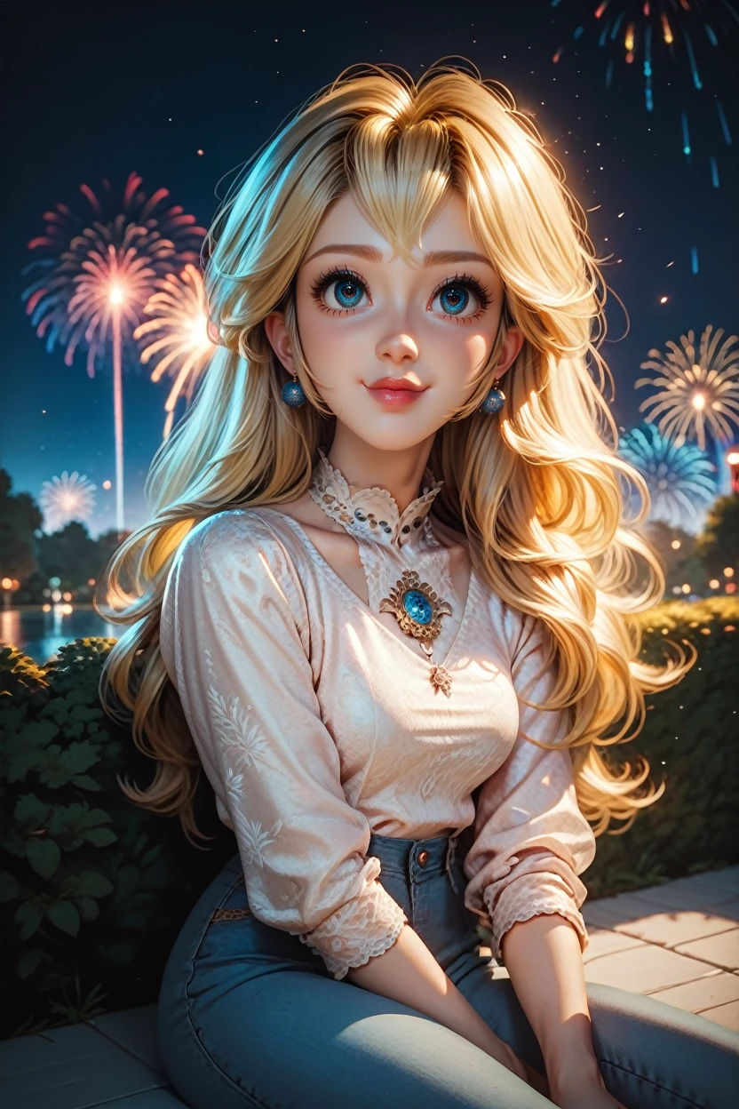 score_9, score_8_up, score_7_up, score_6_up
<lora:MPPeach:1.0>
MPPeach, 1girl, blonde hair, long hair, blue eyes, looking at viewer, sitting, at night, fireworks, park, looking up, smile