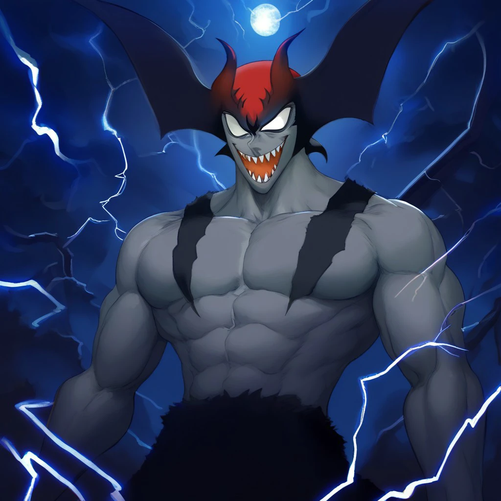 Solo, smile, lightning, demon boy, muscular male, open mouth, male focus, no pupils, moon, Demon, Devilman, no pupils, gray skin, sharp teeth, raichiyo33, csr style