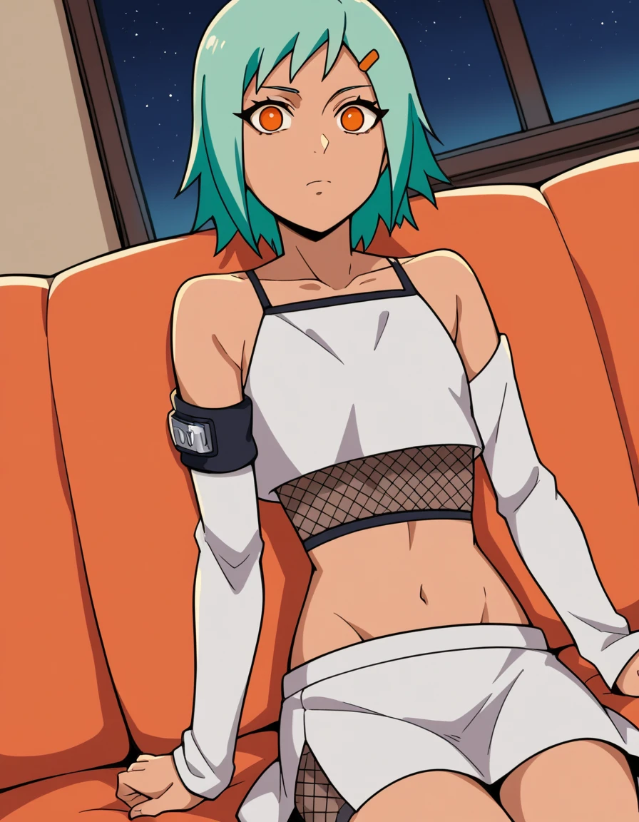 score_9, score_8_up, score_7_up, source_anime, <lora:fuu-shippuden-anime-ponyxl-lora-nochekaiser:1>, fuu, short hair, hair ornament, orange eyes, hairclip, aqua hair,, skirt, navel, detached sleeves, midriff, crop top, fishnets, bare shoulders, collarbone,, living room, television, couch, popcorn, watching movie, night time, sitting,, , looking at viewer, arm holding a phone, solo,, cowboy shot, dutch angle