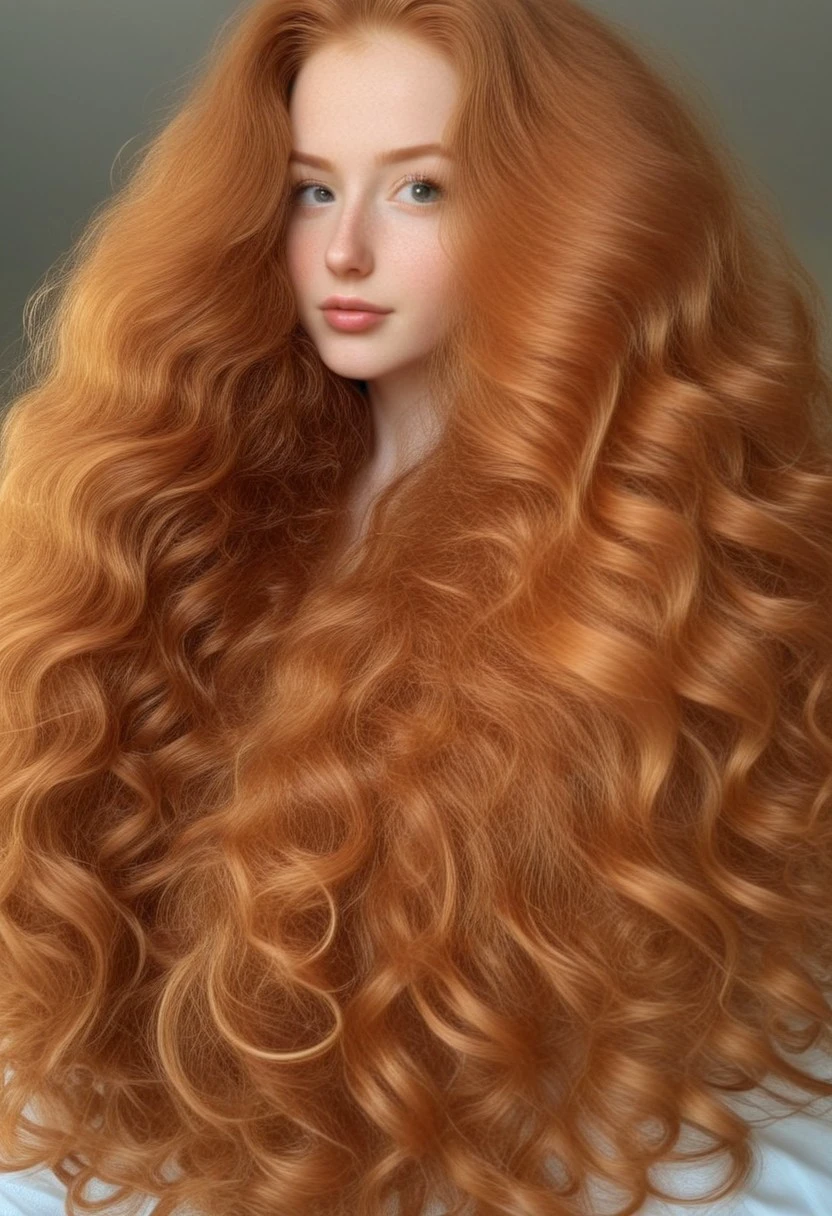 realistic photo, shiny hair, neat hair, vibrant hair, extremely long hair, massive hair, silky hair, neat hair, Facing camera, curly hair, wavy hair, ginger hair,