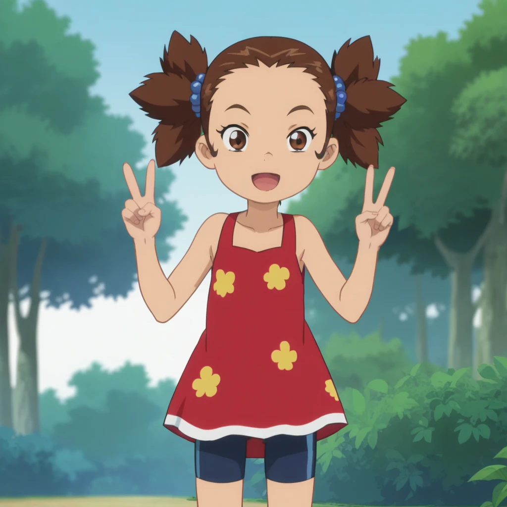 score_9_up, score_8_up, BREAK, YunaKamihara, 1girl, solo, brown hair, twintails, brown eyes, hair beads, red dress, blue bike shorts, cowboy shot,  <lora:YunaKamihara_LiloAndStitch_PXL_Leaf1:0.8>, outdoors, anime screencap, double v,