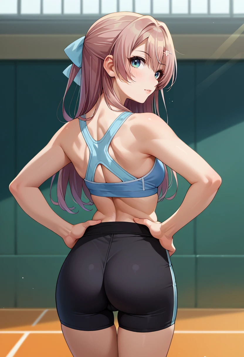 score_9, score_8_up, source_anime, 1girl, solo, OtomeSakuranamiki, long hair, hair bow, light blue bow, hairclip, from behind, looking back, hands on hips, sports bra, black shorts, ass, <lora:ChamOtomeSakuranamikiPonyXL:1>