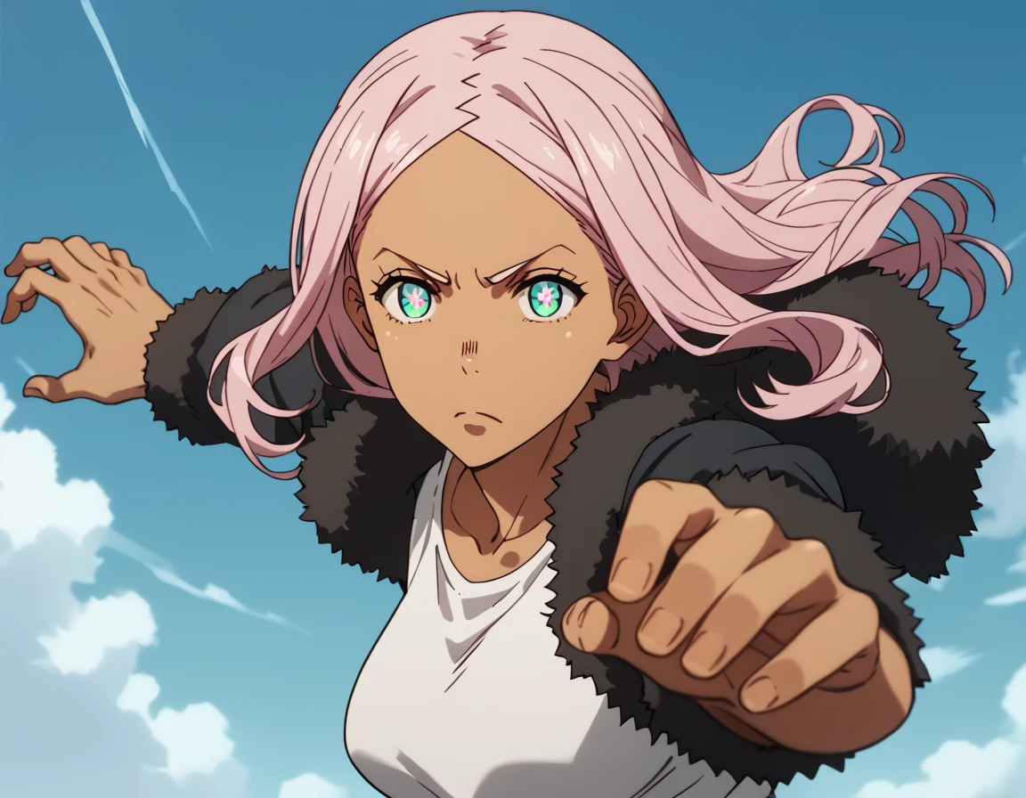 score_9, score_8_up, score_7_up, score_6_up, score_5_up, score_4_up, source_anime   <lora:FireForce:1>, dynamic pose, action shot, ,   Hibana, long hair, large breasts, pink hair, dark skin, aqua eyes, dark-skinned female, parted bangs, symbol-shaped pupils,  fur trim,