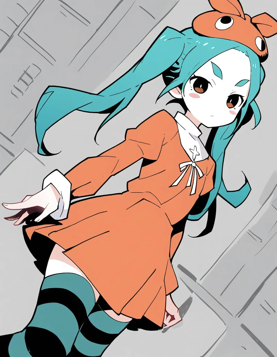 score_9,score_8_up,score_7_up,score_6_up,score_5_up,score_4_up,1girl, v, aqua hair, blush stickers, striped thighhighs, orange headwear, blush stickers, dutch angle, orange dress, eyes on headwear, expressionless, twintails, forehead, from side, ononoki yotsugi
 <lora:akableak_style_pony6_v1-000034:1>