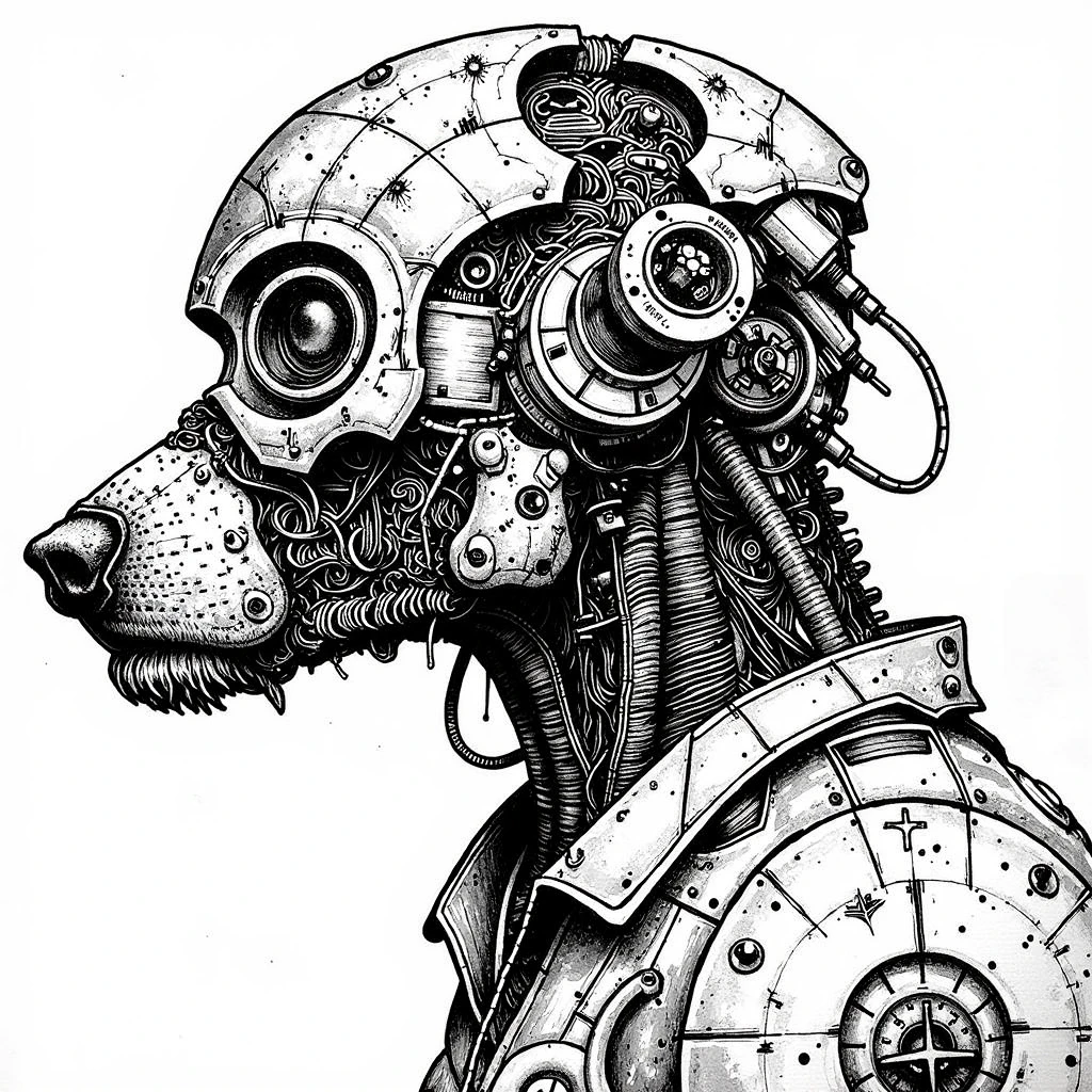 cybermono_style, (cyborg dog 1:3) , masterpiece, best quality, very aesthetic, absurdres