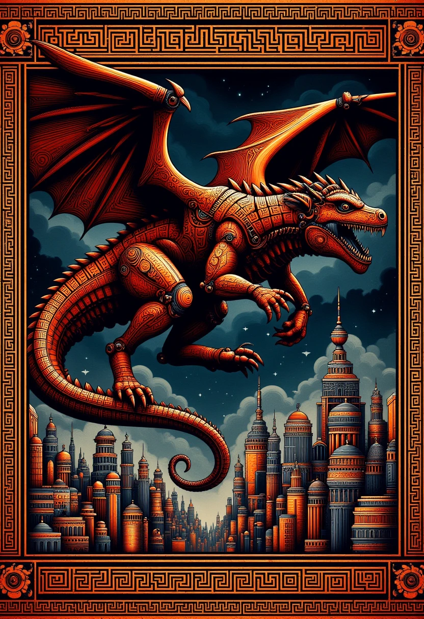 <lora:ElysnDrms_flux_EliPot:1>, grkptt, limited palette, orange theme, two-tone color scheme orange black Massive robotic dragon flying over a cityscape at night with glowing neon signs below.