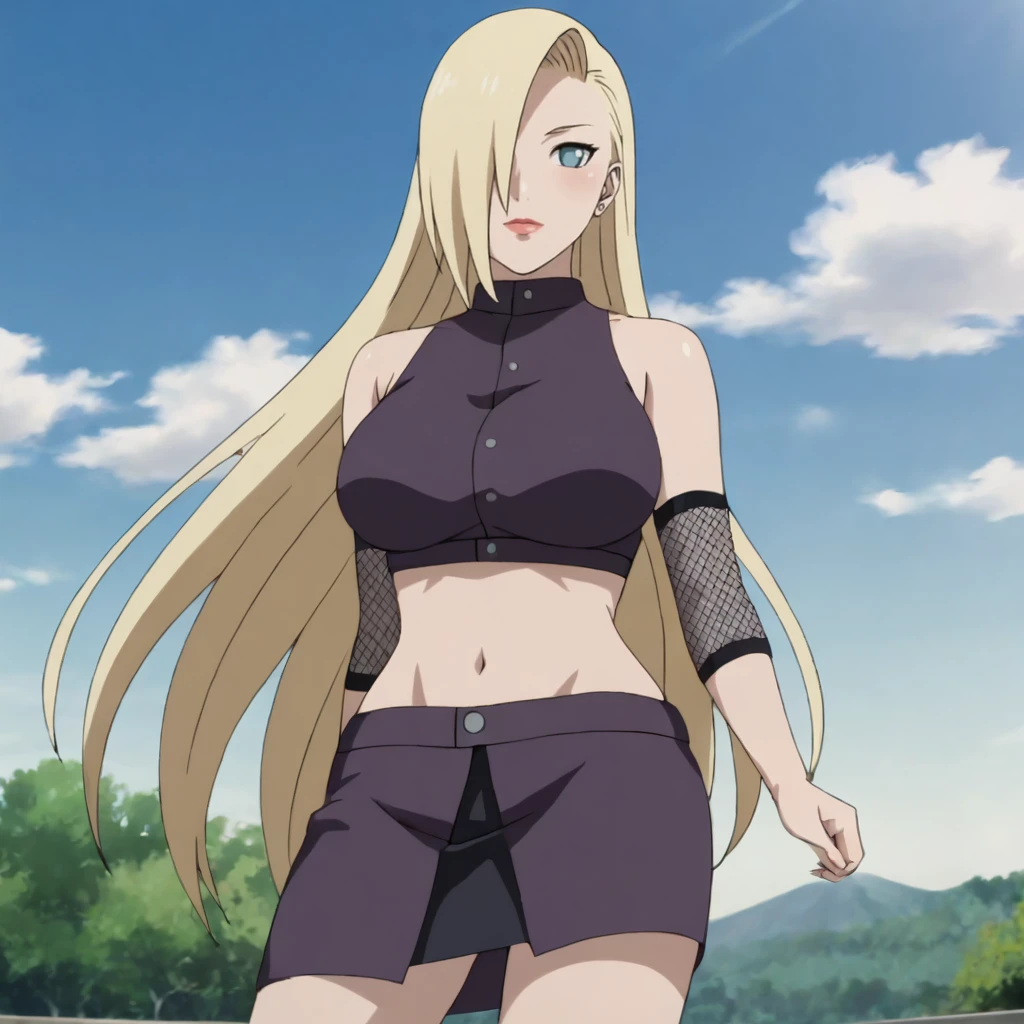 <lora:ino_pony_v1:.7>InoLongHairShipuuden, 1girl, midriff, blonde hair, hair over one eye, large breasts, fishnets, blue eyes, crop top, bare shoulders, navel, skirt, groin, cowboy shot