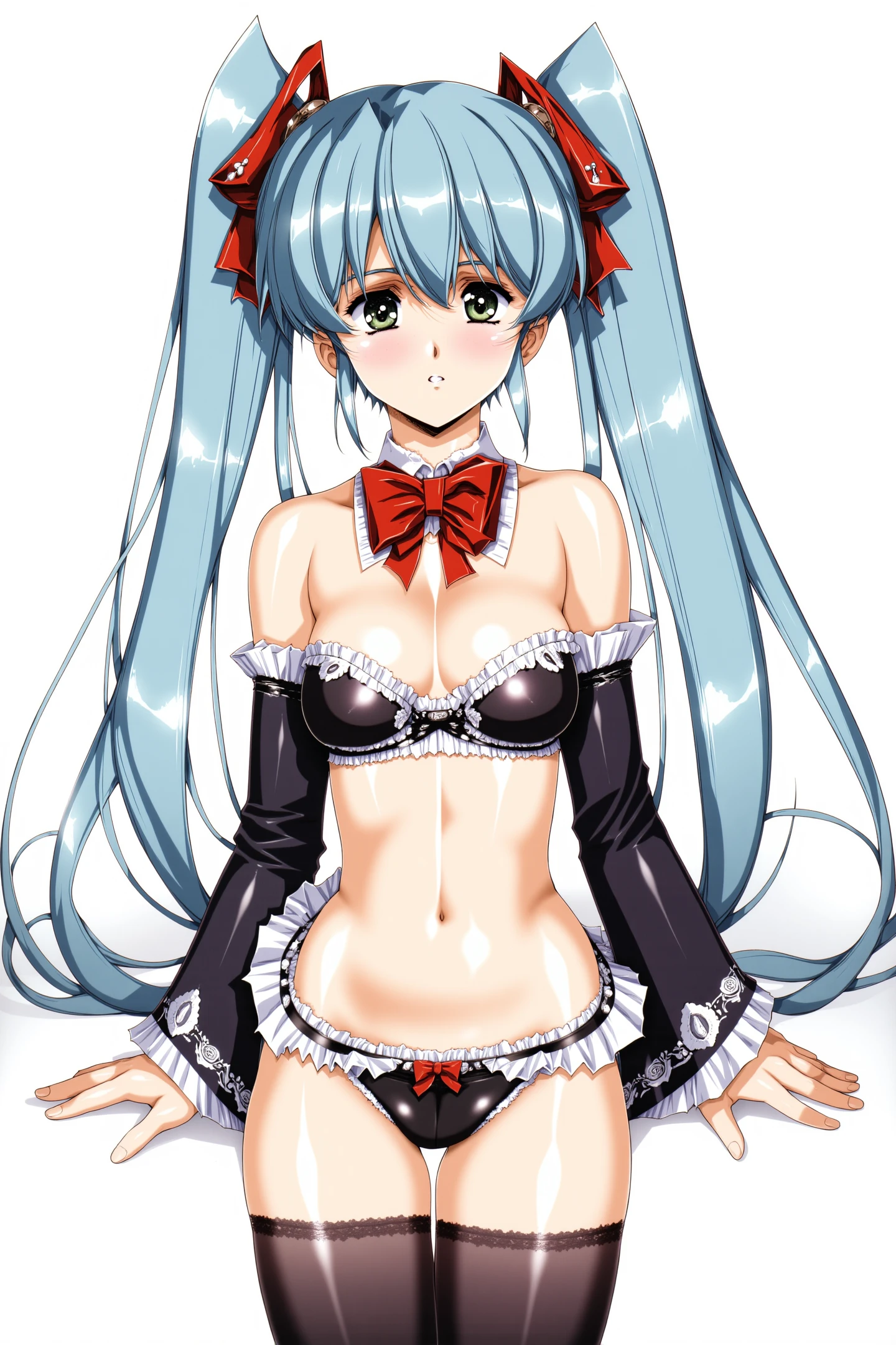 1girl,solo,hatsune miku,underwear,long hair,panties,thighhighs,detached sleeves,twintails,breasts,red ribbon,navel,very long hair,black thighhighs,ribbon,looking at viewer,black panties,cowboy shot,hair ribbon,thigh gap,blush,ass visible through thighs,bow,frills,jewelry,bangs,medium breasts,bare shoulders,lingerie,bow panties,green eyes,long sleeves,babydoll,cleavage,frilled sleeves,hair between eyes,aqua hair,stomach,parted lips,black sleeves,arms at sides,closed mouth,earrings,hair intakes,lace trim,
<lora:Urushihara Satoshi_FLUX:1.2>,