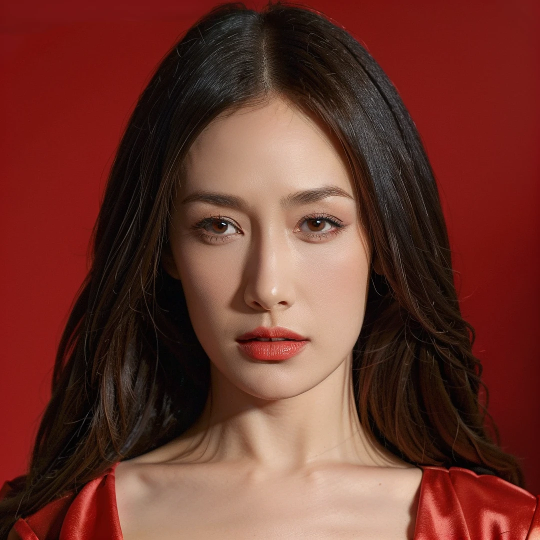 1girl,solo,blown hair,brown eyes,parted lips,red lips,makeup,red dress,looking at viewer,simple background,red theme,portrait,((realistic)),Highly detailed,(ultra-detailed),(best quality,masterpiece:1.5),