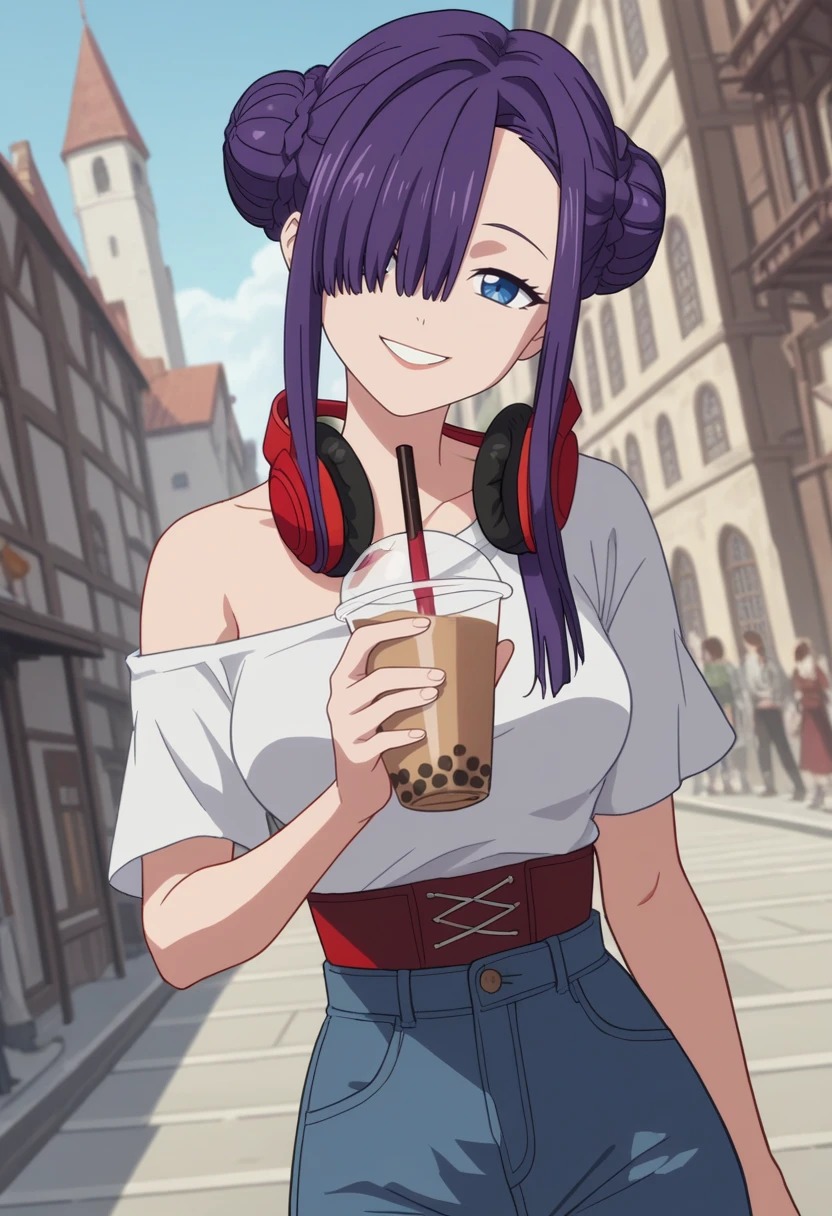 score_9, score_8_up, score_7_up, anime screencap, source_anime, 1girl, solo,
<lora:Hime_SSSS.Gridman_V2:.85>, KJOhime, purple hair, blue eyes, asymmetrical bangs, hair over eye, sidelocks, double bun,
high waist jeans, t-shirt, off shoulder, headphones around neck, 
smile, holding bubble tea, head tilt, dutch angle, 
outdoors, medieval city, smoke, gray sk
(Beautiful, medium Breasts:1.2), natural breasts,