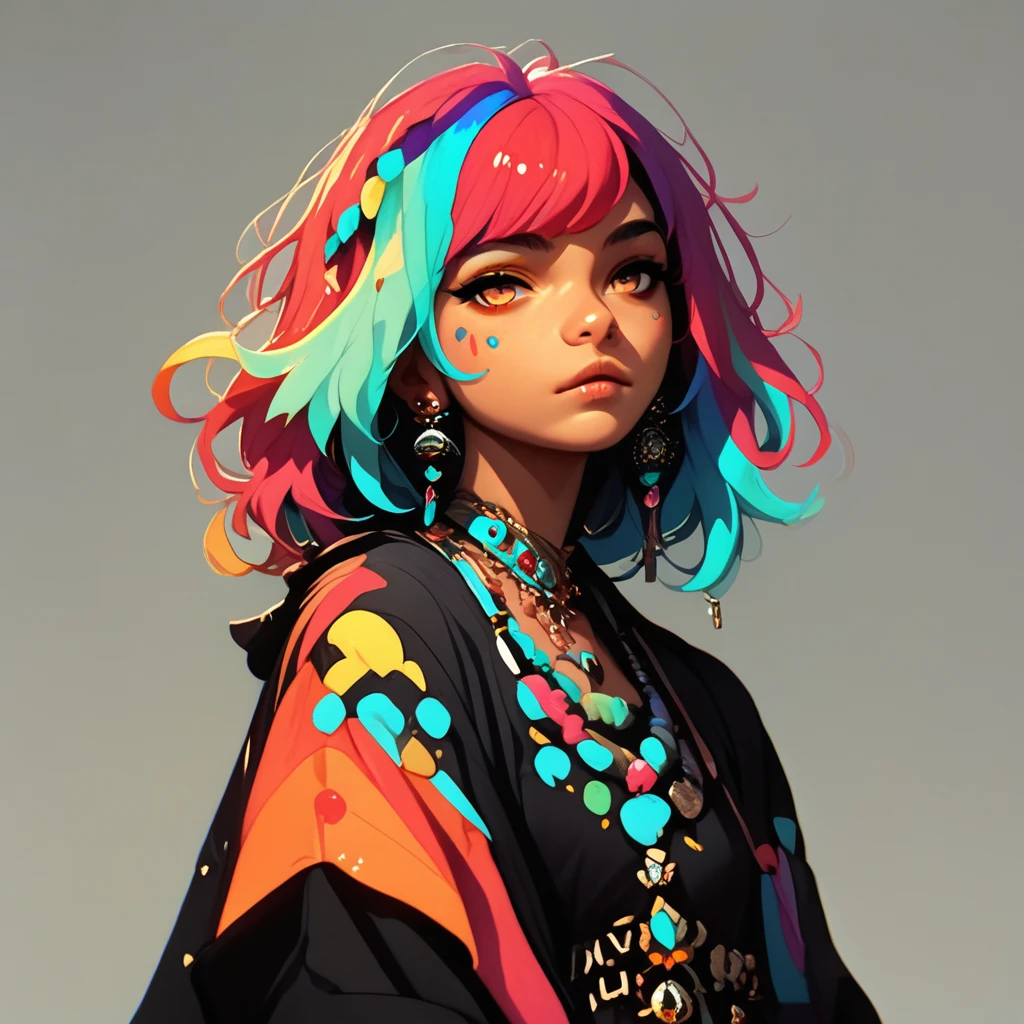 score_9_up, score_8_up, score_7_up, FFDAC, 1woman, multicolored hair, jewelry