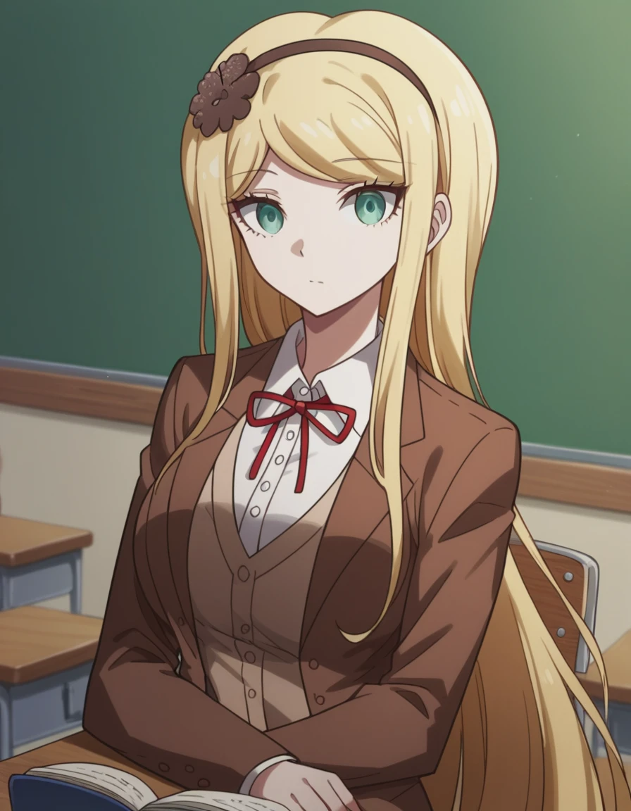 score_9, score_8_up, score_7_up, source_anime, <lora:sonia-nevermind-s2-ponyxl-lora-nochekaiser:1>, sonia nevermind, long hair, bangs, blonde hair, large breasts, hair ornament, green eyes, flower, hairband, hair flower, black hairband, very long hair, sidelocks,, shirt, long sleeves, ribbon, school uniform, jacket, white shirt, collared shirt, red ribbon, neck ribbon, brown jacket, skirt, brown skirt, pleated skirt,, classroom, chalkboard, day time, studying, sitting, chair, desk,, , looking at viewer, arm straight out in front, solo,, cowboy shot, dutch angle