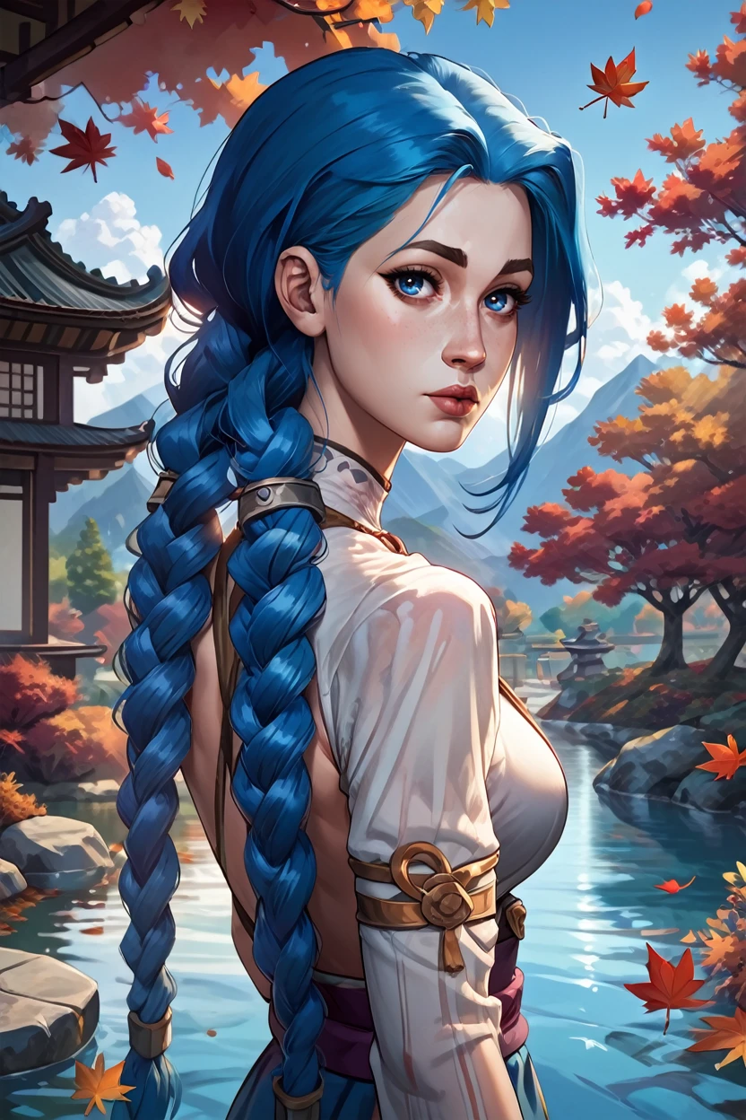 score_9, score_8_up, score_7_up, score_6_up
<lora:AJinx:0.8>
AJinx, 1girl, blue hair, twin braids, blue eyes, long hair, looking at viewer, arched back, Tranquil Japanese garden in autumn, falling leaves, serene beauty