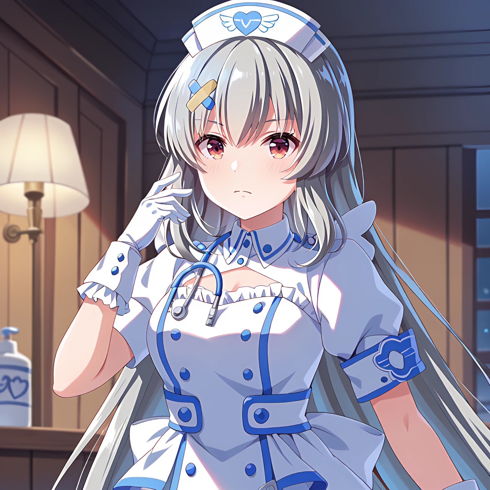 score_9, score_8, score_7_up,hd,source_anime,indoors,night,

1girl, solo, tendorui2, tendnur4 wrist cuffs, stethoscope, tendnur4 costume, tendnur4 hair ornament, looking at viewer, tendnur4 nurse cap, white gloves, upper body, standing, hands up, closed mouth, very long hair, 