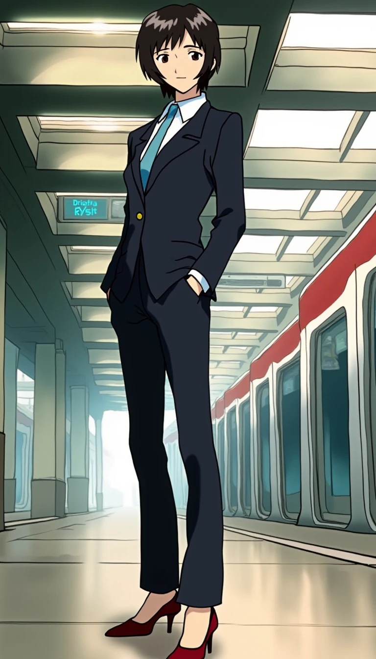 A detailed portrait of yui ikari. A mature beautiful female scientist.  
Anime style, sharp, high contrast and highly detailed. Ghibli anime style. Perfect anatomy. Perfect body ratio. No oversized head. No blurry, out of focus pictures. No simple background, no single color background.
She is standing in front of a futuristic train station. She wears office suit, pants and high heels. She looks like a beautiful, mature professional working woman. She is looking at the camera with a beautiful smile. 
 <lora:Ikari Yui - Flux prototype_epoch_3:1>