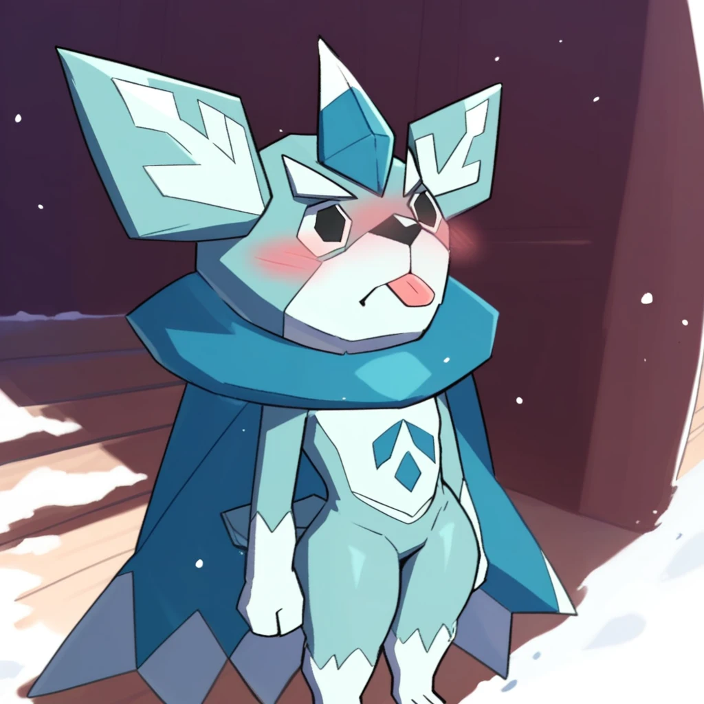 score_9, score_8_up, score_8, furry, Garioji, dog, yokai, light blue fur, blue cape, cartoon style, 2d, skinny male, pecs, thick thighs, wide hips, nude, featureless crotch, high-angle view, solo, standing, looking up, tongue out, blush, snowy, arctic