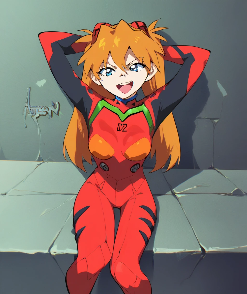 score_9, score_8_up. score_7_up, <lora:aetherion:1> aetherion,  score_9, aetherion, 1girl, souryuu asuka langley, plugsuit, blue eyes, medium breasts, red bodysuit, long hair, orange hair, interface headset, smile, sitting, open mouth, arms behind head, looking at viewer, pilot suit, hair between eyes, science fiction