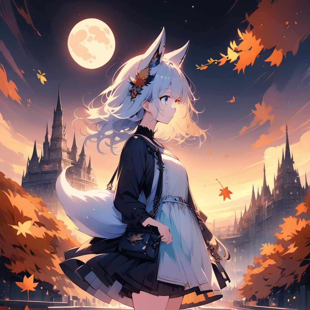 dreamy soft lines, hair ornament, fantasy, tower, autumn leaves, dress, full moon, cloud, bangs, fox tail, shoulder bag, 1girl