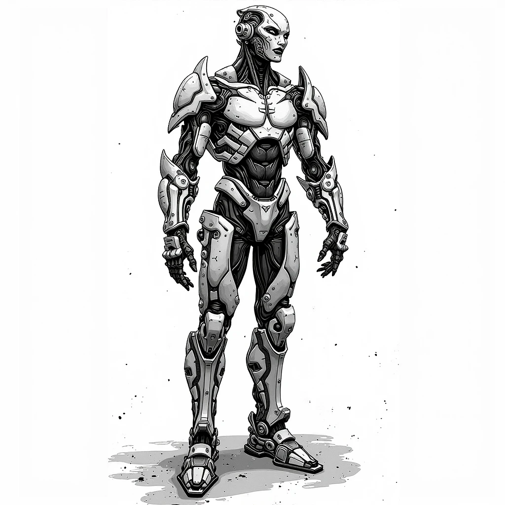 cybermono_style, (cyborg figure in very dynamic pose 1:3) , masterpiece, best quality, very aesthetic, absurdres
