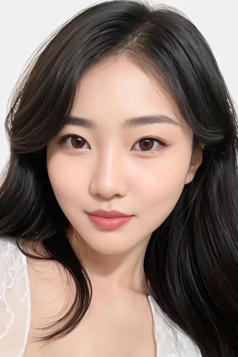 (masterpiece, top quality, best quality, (close-up photograph: 2), ((1girl)), korean, fair skin, (extremely detailed face), ((looking at viewer)), ((((ultra-detailed eyes and pupils)))),((((ultra-detailed lips)))) cheekbone, plump cheeks, ((bare pectorals)), ((bare chest)), ((tube dress)), bare head, ((bare shoulders)), symmetrical frame, (((strapless))), ((closed lips)), (((smile))), ((symmetrical pose)), (symmetrical face: 1.6), 35mm, ((((minimal plain white background)))), ((no lighting)),no watermark, ((medium hair)), <lora:xiaomin:0.7>
