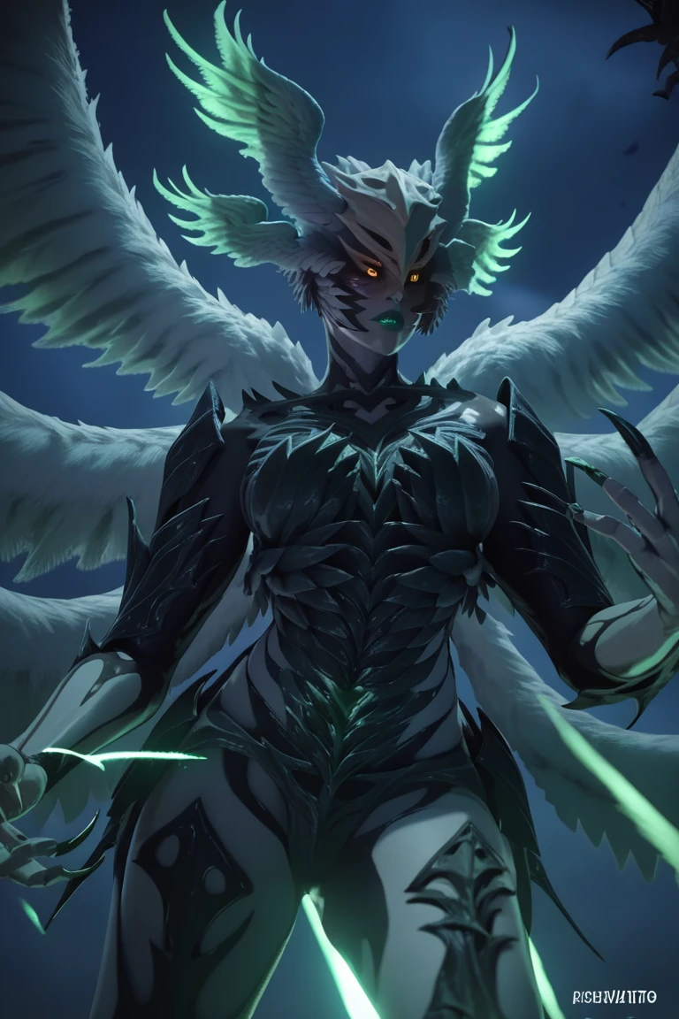 score_9, score_8_up, score_7_up, Garuda, head wings, monster girl, female, green lips, black feathers, large wings, fingernails, multiple wings, feathered wings, black body, yellow eyes, claws, feathers, armor, portait, face close up, glowing eyes, dark, night, pale skin