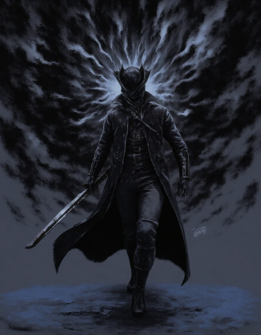 The Hunter a character from Bloodborne is depicted in a dynamic dark and ominous scene clad in dark tattered armor with a wide-brimmed hat and a sword at the ready set against a chaotic abstract background of dark swirling brushstrokes. The Hunter's face is obscured by a mask adding to their enigmatic presence.
This image is rendered in a dark monochromatic color scheme with shades of black grey and dark blue dominating the palette giving it a somber and foreboding atmosphere. The brushwork is loose and expressive with visible texture and energy suggesting a sense of movement and intensity.<lora:f1_char_hunter_v2:1> <lora:MGWR_Cine:1>