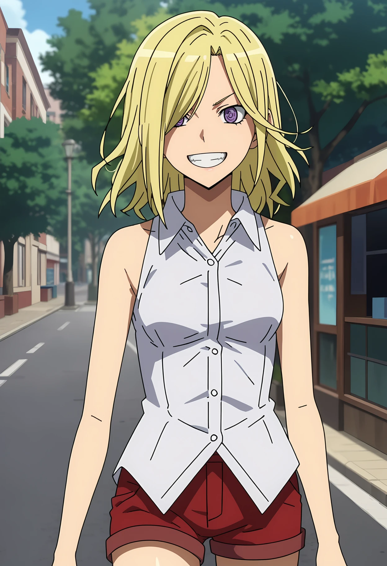 score_7_up, anime screencap, anime coloring,
<lora:Durarara_VoronaXL:0.9>,
1girl, solo, crazy smile, grin, teeth,
medium hair, blonde hair, purple eyes, hair over one eye,
VoronaCasual, collared shirt, sleeveless shirt, white shirt, dress shirt, short shorts, red shorts,
standing, looking at viewer, cowboy shot,
blurry background, outdoors, street, tree