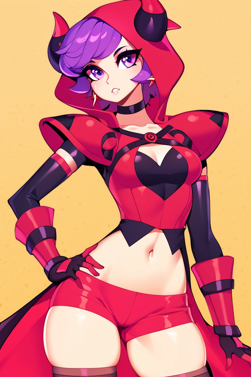 score_9, score_8_up, score_8, medium breasts, (curvy), cute, eyelashes,       BREAK, , zzCourtney, purple hair, short hair, purple eyes, red hood, fake horns, gloves, team magma uniform, <lora:Courtney_Pokemon_PDXL_Citron:0.8>, , BREAK, solo, thighhighs, navel, jewelry, medium breasts, cowboy shot, earrings, parted lips, shorts, choker, midriff, armor, short shorts, skindentation, black choker, shoulder armor,  abstract background,   hand on hip,   embedding:zPDXL, Expressiveh,  <lora:Halphelt_PDXL-000008:0.8>,  <lora:Uncensored_PonyXL_cpt_v02.09:0.4>,  <lora:Expressive_H-000001:0.4>,