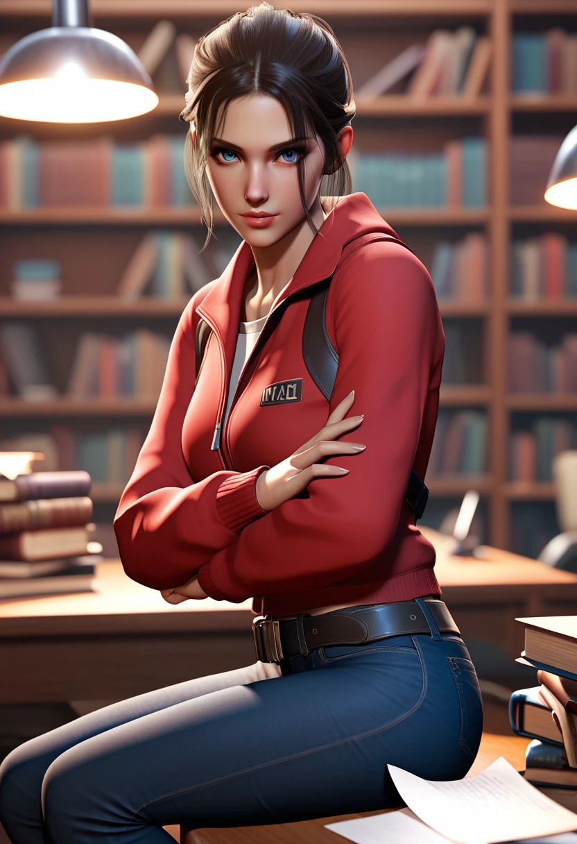 score_9, score_8_up, score_7_up, 1girl, alone, sitting, indoor, blurry, uniform, lips, book, blurry background, paper, bookshelf, pen, lamp, writing, dark hair tied up, fair skin, dark blue eyes, red hooded jacket, grey t-shirt underneath, dark jeans, belt with gun holster