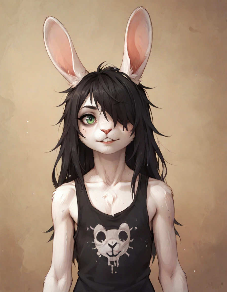 score_9,score_8_up,score_7_up,score_6_up,score_5_up,score_4_up,Erikka,solo,1girl,anthro furry,rabbit girl,perfect face,black hair,rabbit ears,perfect eyes,green eyes,(white fur:1.3),body fur,
flat chest,<lora:eri:0.7>,detailed background,highres,(portrait:1.3),<lora:tbh-pony-real-gen3:0.6>,tanktop,emo_hairstyl,long hair,hair over one eye,straight_hair,