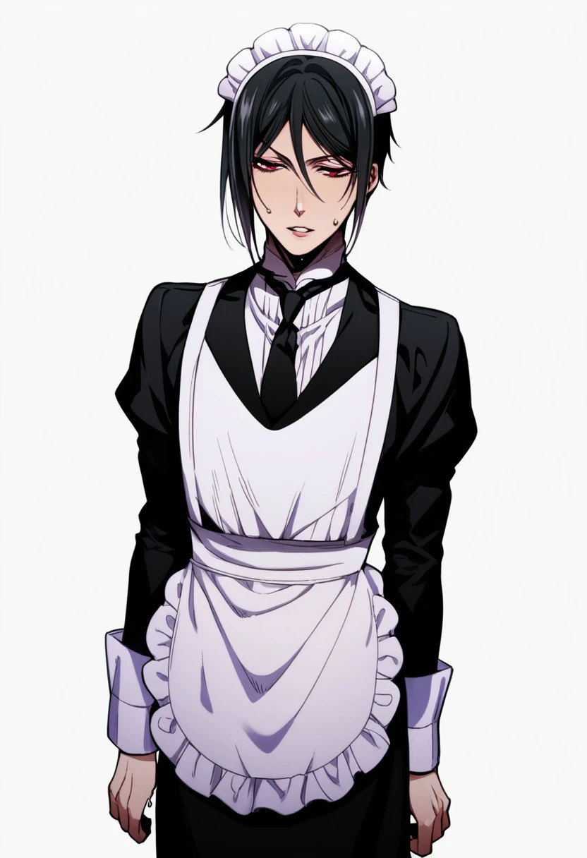 score_9, score_8_up, score_7_up, score_6_up, 
s3b4stianmich43lis, Sebastian Michaelis, Sebastian Michaelis \(Kuroshitsuji\), 
solo, looking at viewer, short hair, simple background, black hair, red eyes, long sleeves, 1boy, white background, dress, hair between eyes, male focus, sweat, frills, parted lips, necktie, alternate costume, apron, black dress, maid, maid headdress, white apron, maid apron, crossdressing, frilled apron, enmaided