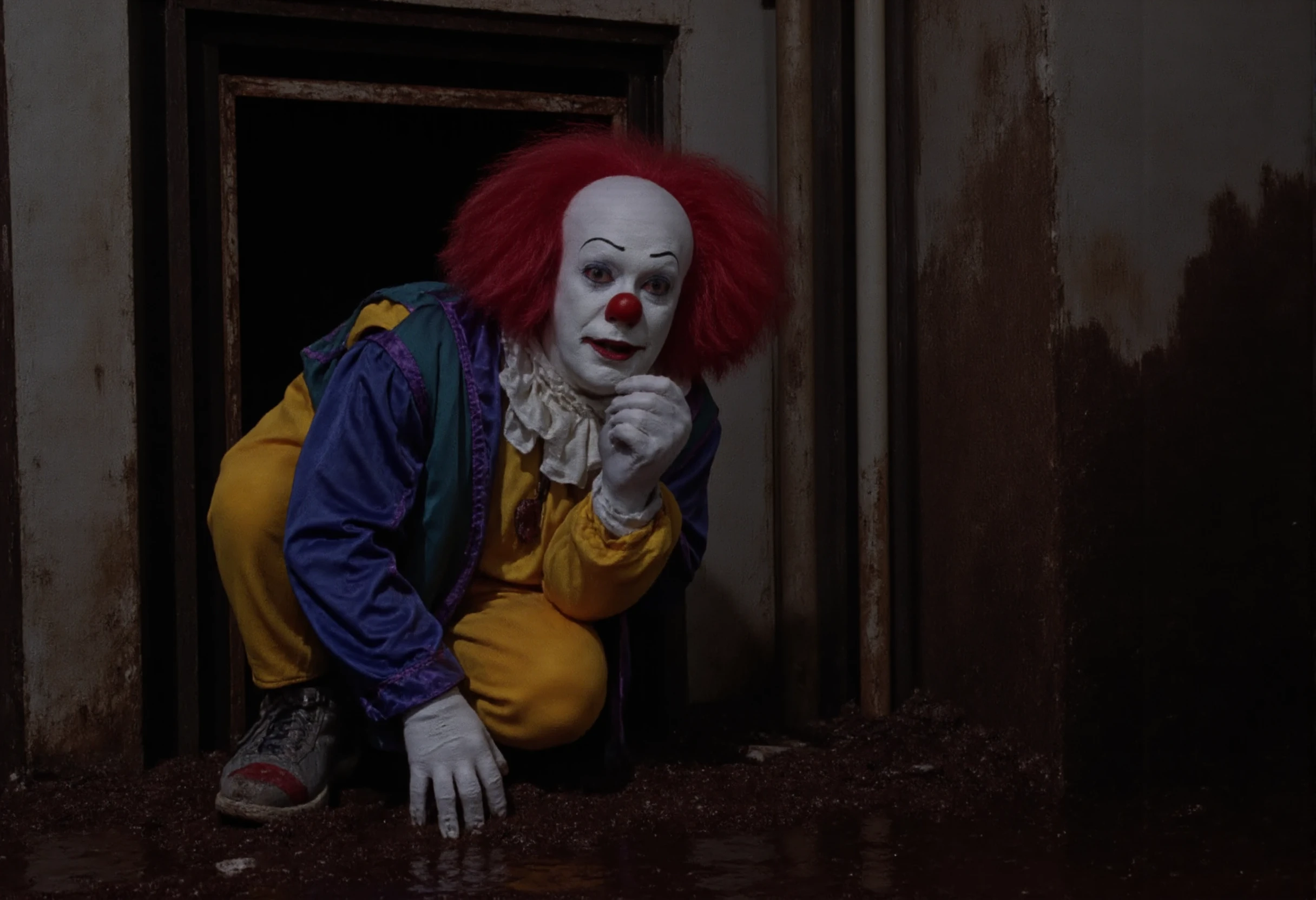 <lora:no-blur:1>,  <lora:Pennywise_91:1>, Pennywise_91
Pennywise in the Sewers: A Horror-Themed Scene
Character Details:
Face: Pennywiseâs unsettling, pale face stands out starkly against the dark, grimy backdrop of the sewer. His makeup is smeared slightly from the dampness, giving his already menacing appearance an even more terrifying, distorted look. His piercing blue eyes glow unnaturally in the dim light, radiating a malevolent presence that feels all-consuming. His signature wild red hair clings to his head in matted clumps from the moisture, making him appear even more unhinged. The heavy black eyeliner and crimson smile stretch unnervingly wide, adding a grotesque emphasis to his twisted expression.
Attire:
Weathered Clown Suit: Pennywiseâs once-bright yellow clown suit is now faded and dirty, smeared with mud and streaked with grime from the depths of the sewers. The large red pompoms that line the front of his suit are damp and tattered, sagging from the filth around him. The blue jacket, though still shimmery in parts, is tarnished, its sequined texture reflecting faint, flickering light as he moves through the sludge. His white ruffled collar is stained with dirt and water, no longer pristine but rather a reminder of his decaying, chaotic nature.
Clown Shoes and Gloves: His oversized clown shoes squelch as he steps through the murky water of the sewer tunnels, the bright yellow hue dulled by the filth. His white gloves, once pristine, are now stained brown from the muck, yet they still complete his horrifying clownish appearance.
Scene Setting:
Sewer Tunnels: The scene is set deep within the labyrinthine sewers beneath the city. The narrow, claustrophobic tunnels are dimly lit by the occasional flickering lightbulb, casting long, eerie shadows along the damp walls. Water drips steadily from the ceiling, echoing through the silence, while the foul smell of decay and rot hangs heavy in the air. The walls of the sewer are slick with moisture, coated in a thin film of algae and grime, and the dark, murky water that flows through the tunnels seems to carry a sinister presence of its own.
Grimy Sewer Floor: Pennywise stands ankle-deep in the filth of the sewer floor, the water swirling around his feet as it drains into unseen depths. The ground is littered with debrisârotting wood, broken pipes, and discarded trashâadding to the sense of decay and abandonment that permeates the scene.
Lighting and Mood:
Dim, Flickering Light: The only light in the sewers comes from a flickering, dying bulb hanging from the ceiling, casting erratic shadows across Pennywiseâs face. This weak, inconsistent light reflects off the wet surfaces of the tunnel walls, creating a disorienting and unsettling effect. The dim lighting accentuates the sharp features of Pennywiseâs face, making his gaunt, hollow eyes and wide, twisted grin even more pronounced and terrifying.
Claustrophobic Atmosphere: The narrow, damp tunnels create a sense of oppressive claustrophobia, as though the walls are closing in. The distant sound of water dripping, the scurrying of unseen rats, and the constant echo of Pennywiseâs movements through the muck all add to the overwhelming sense of dread. Every step he takes feels deliberate, as though he is stalking an unseen prey.
Action and Emotion:
Predatory Stance: Pennywise is crouched low, his body half-hidden in the shadows, watching intently from a darkened corner of the sewer. His head tilts slightly, his glowing eyes locking onto something unseen, his twisted smile widening as if he is about to pounce. His hands, gloved and filthy, rest on the edge of a rusted pipe, ready to lunge forward at any moment. There is a calm, predatory nature to his stance, as though he knows there is no escape for whoever ventures into his domain.
Lurking Terror: The tension in the air is palpable, with Pennywiseâs slow, deliberate movements heightening the sense of inevitable doom. The darkness of the sewers seems to pulse with his presence, as though he is one with the environment, using the shadows to his advantage. His calm expression and twisted grin suggest that he is in complete control, feeding off the fear that the sewers seem to amplify.
Background Elements:
Rusted Pipes and Damp Walls: The walls of the sewer are lined with corroded metal pipes, dripping water at irregular intervals, while rusted grates and broken tiles create an uneven, treacherous surface. The constant dripping of water echoes through the tunnels, combining with the distant rush of the sewer system to create an ominous soundscape that heightens the fear. Patches of mold and moss cling to the walls, illuminated only by the occasional flicker of light, giving the entire setting a decayed, forgotten feel.
Hidden Shadows: The darkness beyond Pennywiseâs immediate surroundings is thick and impenetrable, hiding whatever horrors might lurk in the deeper recesses of the sewer. Rats scurry through the darkness, their squeaks barely audible over the sound of rushing water. The flickering light creates an unsettling effect, as though shapes are moving just beyond the field of vision, waiting to emerge from the shadows.
Overall Mood:
Unrelenting Fear: The combination of the tight, claustrophobic environment, the dim, flickering light, and Pennywiseâs unnervingly calm demeanor creates an atmosphere of unrelenting fear. The sewers become a prison, with no clear way out and the constant, looming threat of Pennywise hiding in every shadow. His presence dominates the scene, creating an overwhelming sense of dread and helplessness.