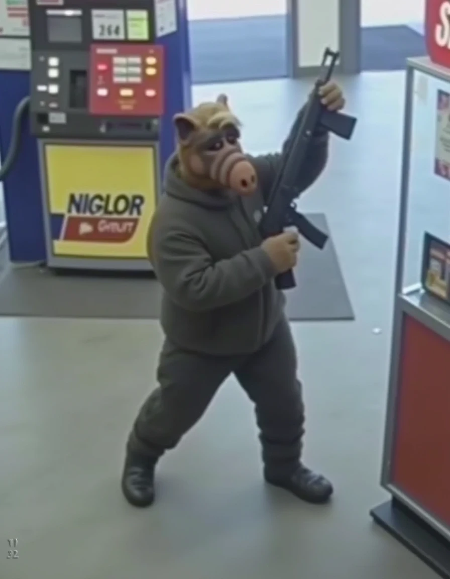 a photo of the newly discovered animal, <lora:flux_Alflux:1> Alflux, committing armed robbery in a gas station. CCTV footage