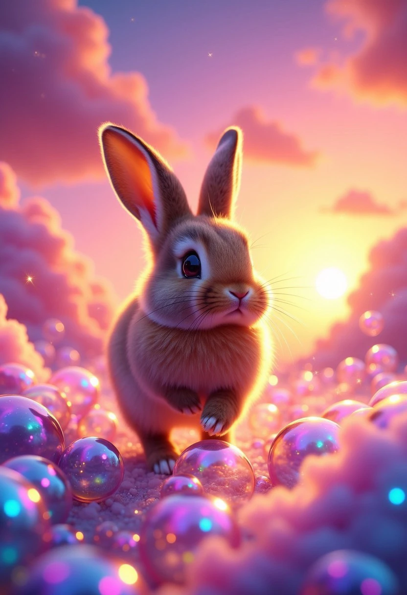 A playful bunny hops on soft, iridescent dream bubbles that burst into stars. A vibrant sunset bathes the scene in warm pinks and purples, with glowing clouds floating nearby.