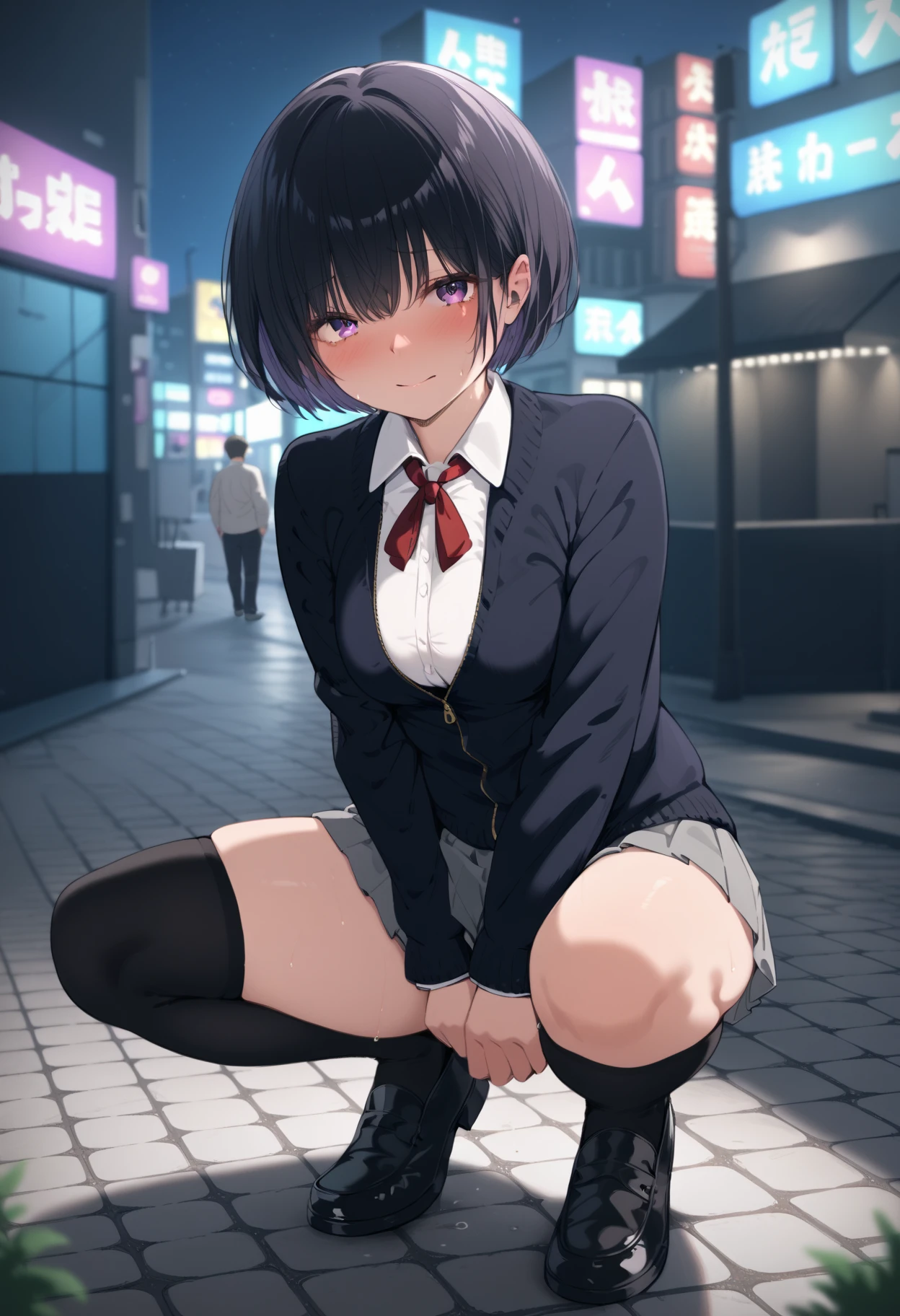 (score_9,score_8_up,score_7_up,source_anime,(masterpiece:1.2),best quality,very aesthetic,absurdres),masterpiece,best quality,very aesthetic,absurdres,girl,<lora:kurokami_pv1:1>,
kurokami,purple eyes,blazer,red ribbon tie,pleated_skirt,black_thighhighs,loafers,<lora:Fixhands_anime_bdsqlsz_V1:1>,
full body,looking_at_viewer, night,back alley,path,squatting,_open_legs,blush,embarrass,, masterpiece,best quality, very aesthetic, absurdres, ultra detailed, high resolution, 4k, extremely detailed CG,