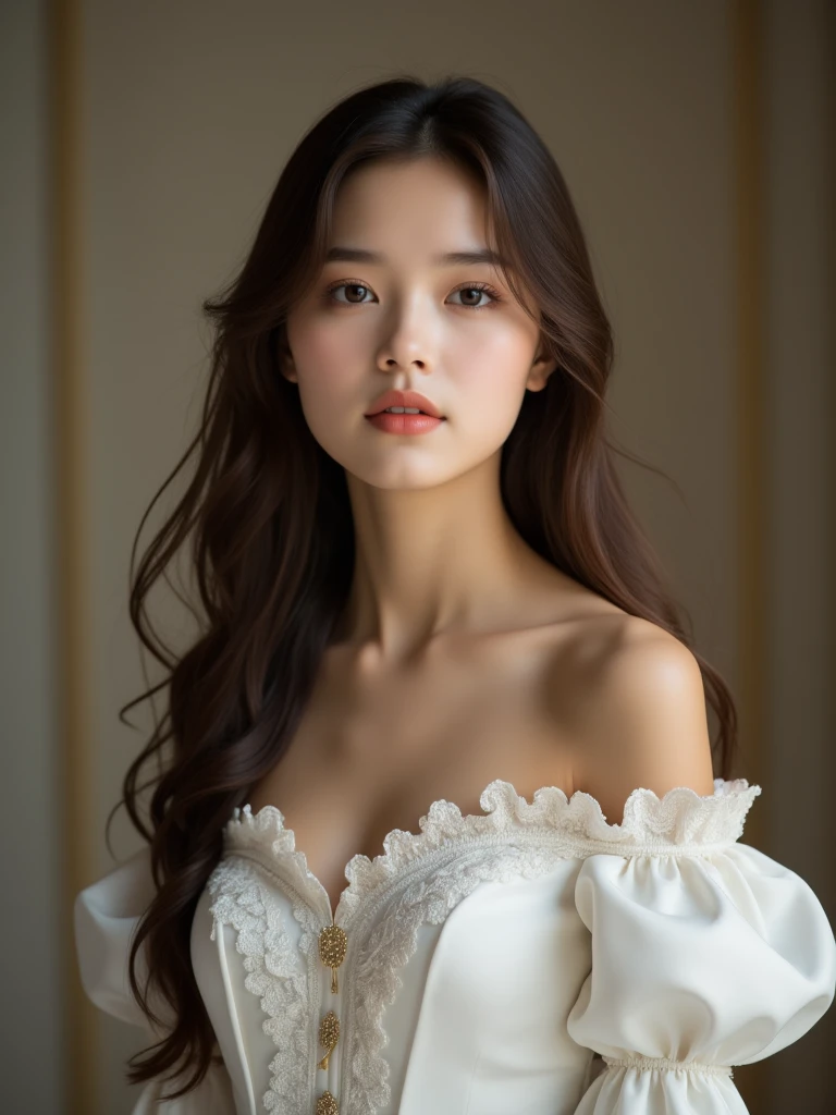 best quality, masterpiece, raw photo of a girl in white off-shoulder Rococo which often for ornate details, 19th-century elegance, flowing long brown hair cascading over her shoulders, shy face, (looking at camera), eye level, cleavage, simple background, middle distance shot taken by long range lens, far side key light, professional cinematic, soft shadow, soft bokeh, professional photography, balanced contract, balanced exposure,
