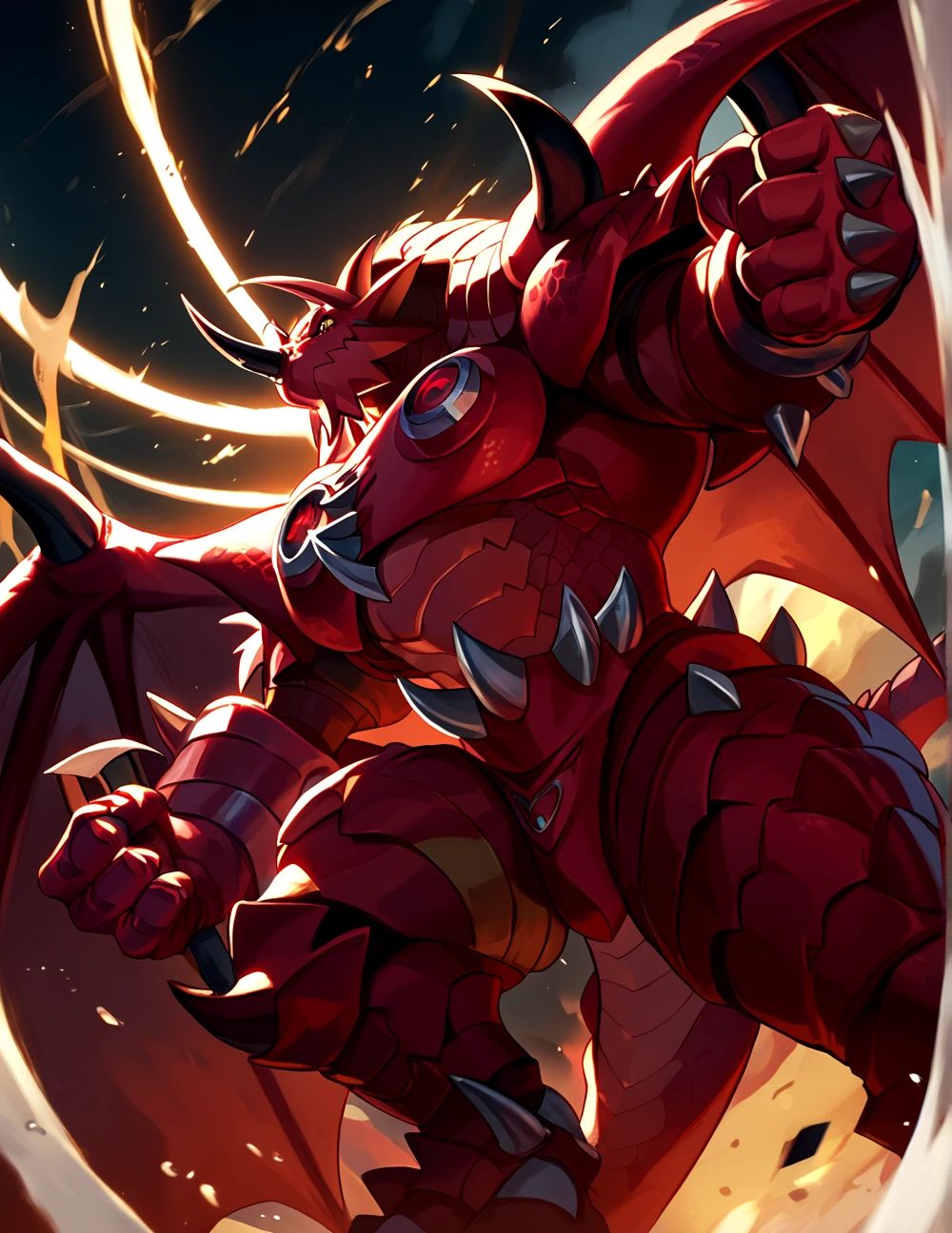 score_9, score_8_up, score_7_up,
<lora:Dorbickmon_(Digimon)_(Pony)_(AD):1> Dorbickmon, Digimon, muscular, crimson red skin, dragon, yellow eyes, colored sclera, horns, spikes, 
8K, In'ei, chiaroscuro, depth of field, rim lighting, clear_eyes,
perfect hands, perfect proportions, peak physical perfection, perfect male physique, powerful muscular body, impressive physique, thick arms, thick legs, large shoulders, wide thick chest,
dynamic action pose, detailed anime background, detailed photographic fluffy anime clouds, perfect hands, masterclass anime, alluring gaze, dynamic lighting, photographic realism, 
BREAK zPDXL, zPDXLxxx,