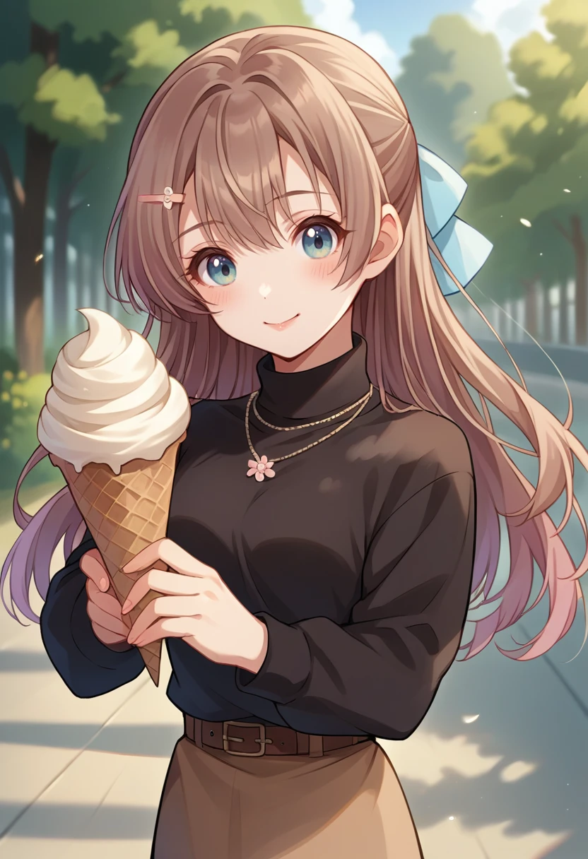 score_9, score_8_up, source_anime, 1girl, solo, OtomeSakuranamiki, long hair, hair bow, light blue bow, hairclip, black sweater, turtleneck, necklace, belt, brown skirt, outdoors, summer, sunshine, ice cream cone, holding ice cream cone, smile, blush, <lora:ChamOtomeSakuranamikiPonyXL:1>