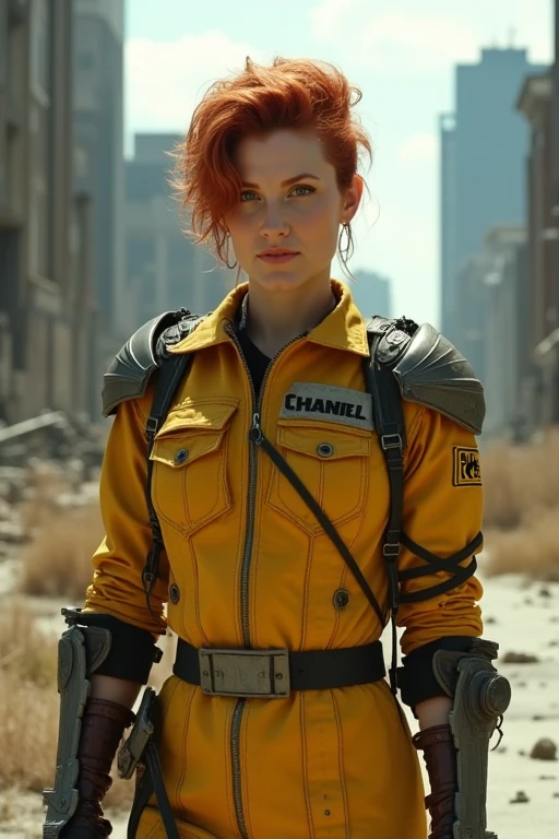 JudithHoagTMNTApril, a JudithHoagTMNTApril woman with red hair, undercut hairstyle. In a post-apocalyptic wasteland, as a lone wanderer braving the ruins of a once-great city. Her faded and worn yellow jumpsuit with a text logo that reads "CHANNEL 6" is adorned with patchwork armor that is a mix of scavenged tech and improvised protection. The harsh sun casts long shadows across the desolate urban landscape. Post apocalypse New York city. Her appearance is dirty and worn down, common of one surviving in a post apocalypse environment. <lora:JudithHoag_TMNTApril_Flux:0.75>