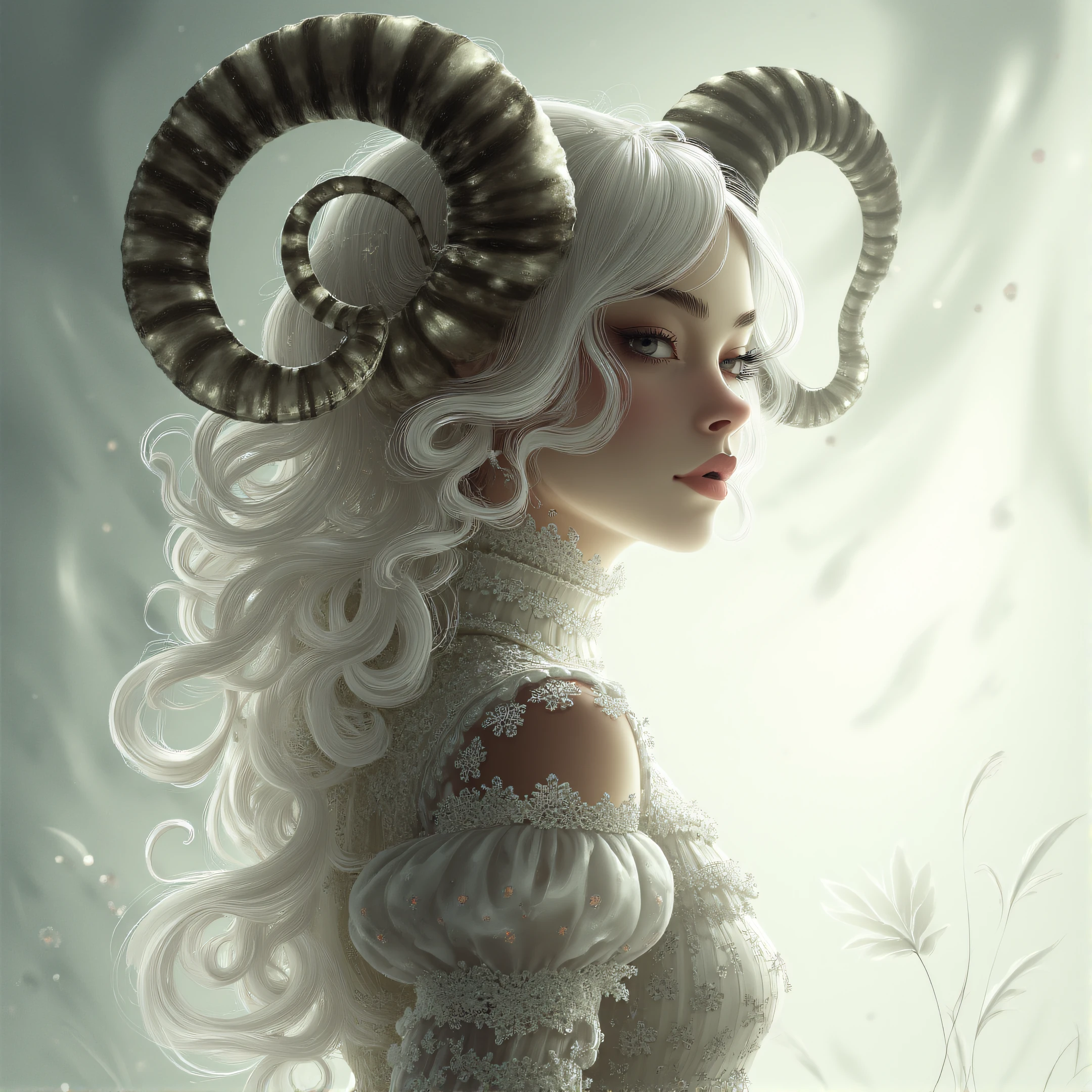 hyper-detailed, 4k, Soft-focus portrait, oil painting technique, soft and diffused lighting, ethereal and whimsical atmosphere, with pastel tones. looking over the shoulder, A delicate woman with long, flowing white hair and large, curling ram horns stands in a soft, light-filled setting. Her pale skin glows against the muted, almost dreamlike background of soft whites and greys. Dressed in a Victorian-inspired, high collared lace dress, intricate with layers of ruffles, her wide, expressive eyes are filled with wonder. Small flowers adorn her hair, giving her an innocent, fae-like presence. The texture of the ram horns contrasts with the soft curls of her hair, adding a surreal yet gentle quality to the scene.