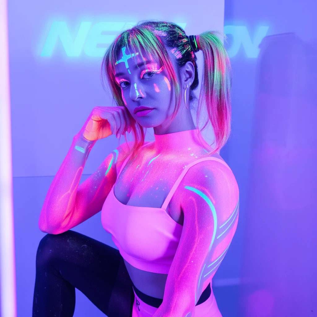 1fullbodyimage of a ne0n cyberpunk 21 years old android girl with hyper emissive white iris eyes, cybernetic machine hyper cute face and pink twintail hair, wearing a cyberpunk pink laserpunk glossy latex fullbodysuit down to thighs outfit and black stockings, hyper-realistic cyberpunk style, absurdres, high res, ultrasharp, 8K, masterpiece, Beautiful round breasts, Solo, delicate and sexy, Glossy hyper albino skin: 0.8, (Masterpiece: 1.4), (Best quality: 1.4), Perfect abs, (Perspectiveal), ultra realistic Japanese face features, Tight waist, Inner seam, hourglass body shape, navel, Blush, Voluptuous, tight top, cinematic volumetric lighting, wide shot with Sony Fx6