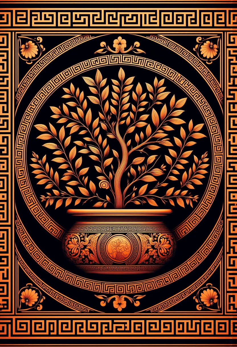 <lora:ElysnDrms_flux_EliPot:1>, grkptt, limited palette, orange theme, black background, two-tone color scheme orange black ancient greece A zen garden of subconscious thoughts