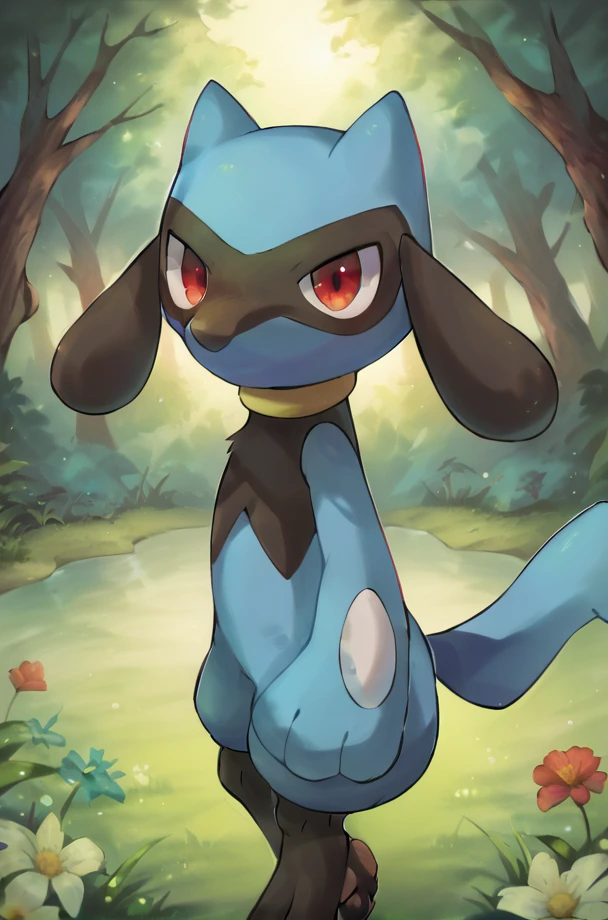 solo, 1boy, male, riolu, BREAK outdoors, forest, trees, grass, colorful, looking at viewer, front-side view, BREAK ((ultra-detailed)), ((best quality)), ((best quality)), ((beautiful eyes)), ((extremely detailed)), 4K, (8K), best quality, (beautiful), Master piece, highres, score_9, score_8_up, score_7_up, score_6_up, score_5_up, score_4_up, colorful, best quality, official art, highres, masterpiece, nai3, god light, detailed background, high quality background, very aesthetic, absurdres,  <lora:Riolu_Pokemon_Series:1> <lora:detailed_backgrounds_v2:1>