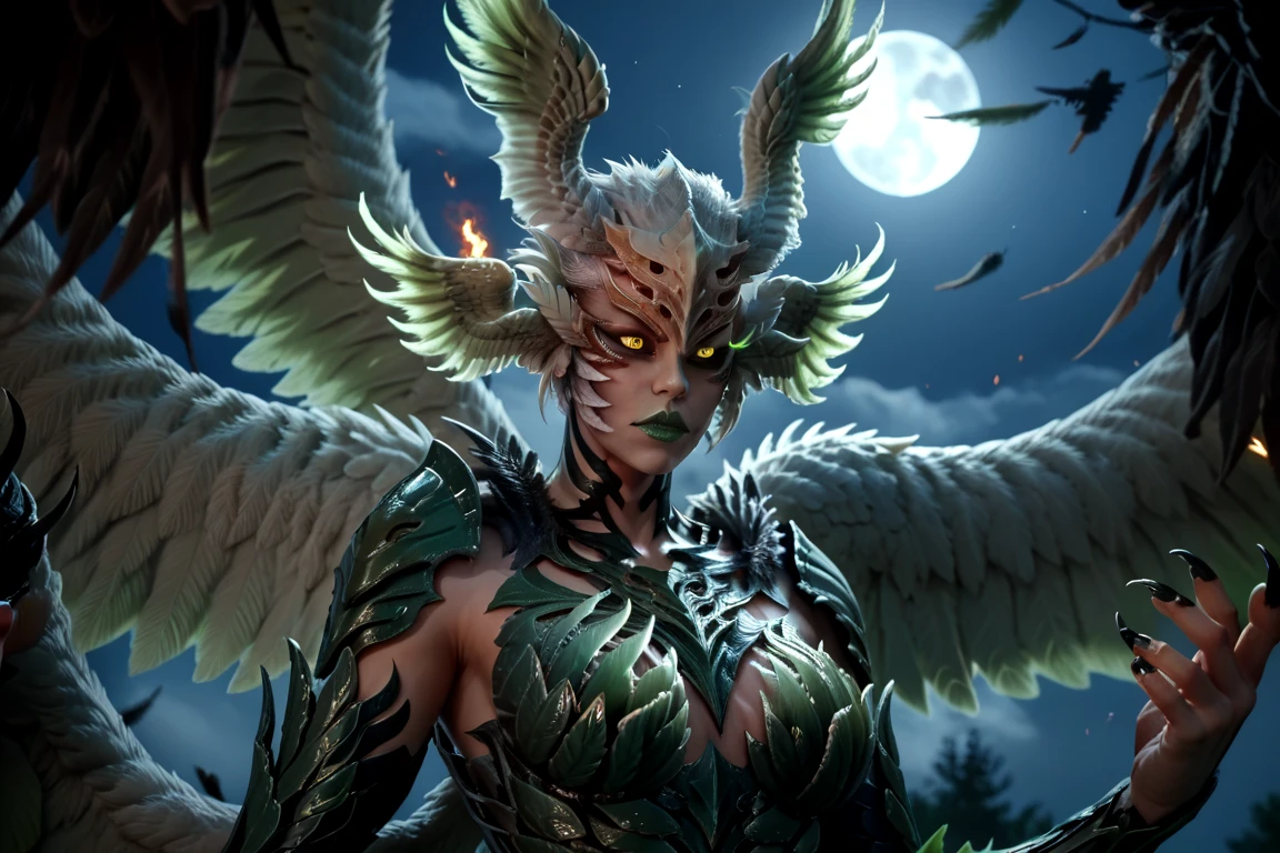 score_9, score_8_up, score_7_up, Garuda, head wings, monster girl, female, green lips, black feathers, large wings, fingernails, multiple wings, feathered wings, black body, yellow eyes, claws, feathers, armor, portait, face close up, glowing eyes, dark, night, pale skin