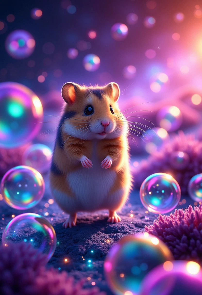 A magical hamster floats through a sea of dream bubbles, each one glowing with neon colors. The sky around is a shifting rainbow of galaxies and stars, sparkling in the soft twilight.