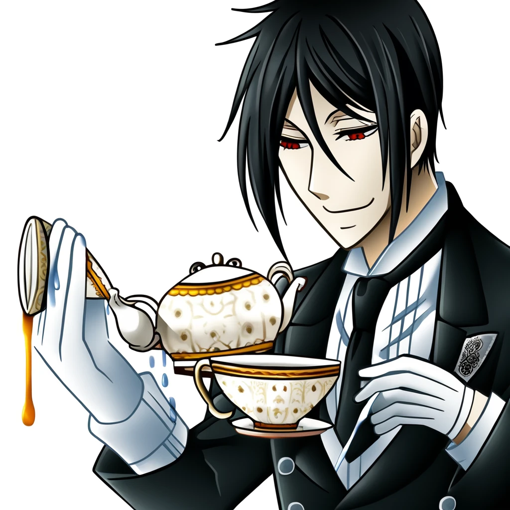 s3b4stianmich43lis, Sebastian Michaelis, Sebastian Michaelis \(Kuroshitsuji\), solo, smile, black hair, red eyes, gloves, 1boy, white background, male focus, necktie, white gloves, cup, formal, suit, teacup, teapot, tea, saucer, waistcoat, pouring, spilling, butler