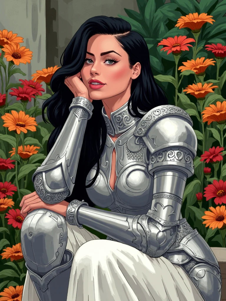 amadmir style, stylized illustration, portrayal of a female figure in a garden setting. She is adorned in ornate silver armor with intricate designs complemented by a flowing white dress. Her long dark hair cascades down her back and she is depicted in a contemplative pose resting her head on her hand. The garden is lush with vibrant orange and red flowers and the background is a blend of green foliage and a hint of a stone wall. The color palette is rich and warm with the metallic sheen of her armor contrasting against the bright hues of the flowers and the earthy tones of the garden <lora:sxz-Amadmir-Flux:1>